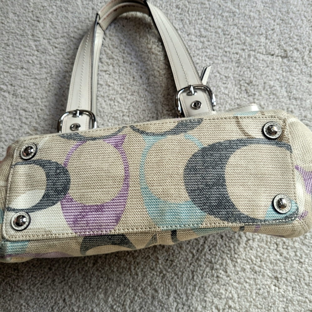 Coach Soho Linen Op Art Tote #16591 White Leather Purple Satin Interior - Picture 7 of 14